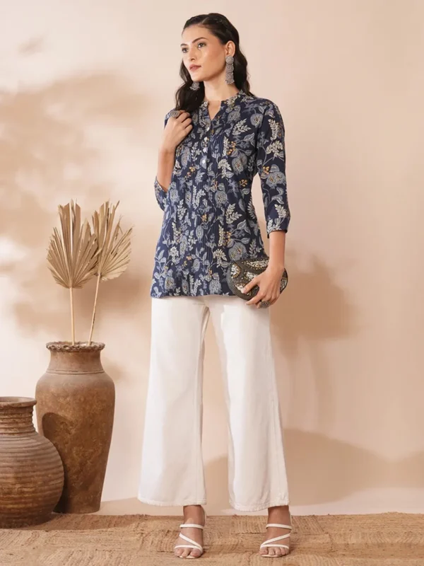 MOBERO Blue Shirt with Floral Leaf Print